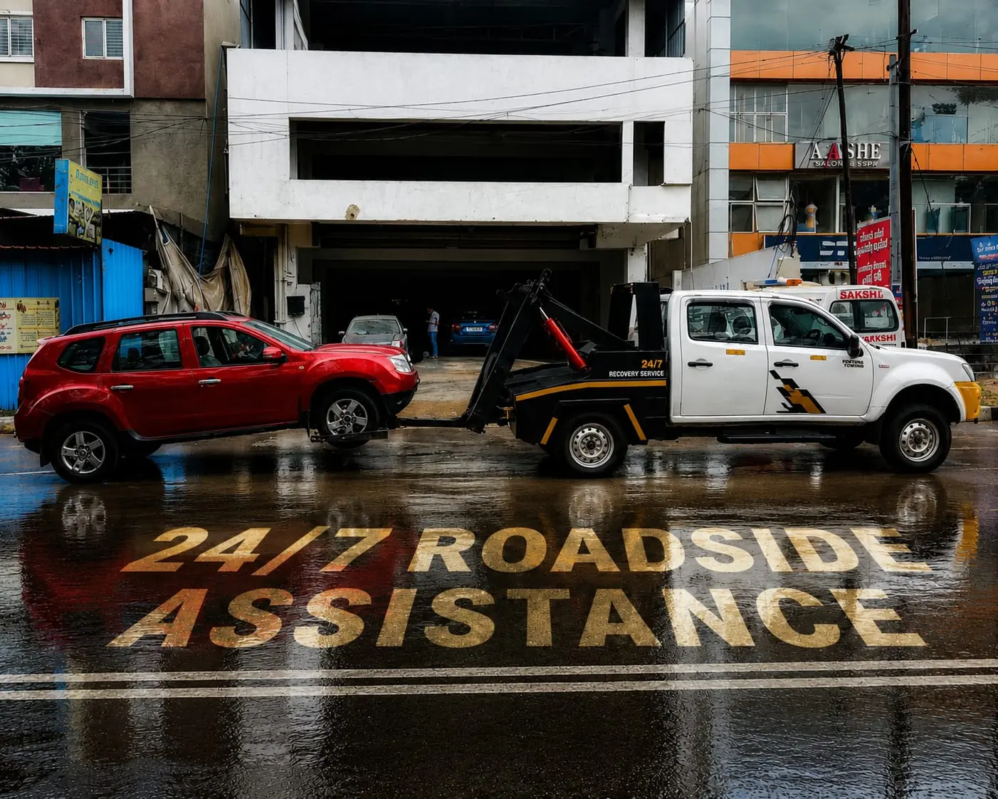 24/7 roadside assistance tow truck towing a car in Hyderabad