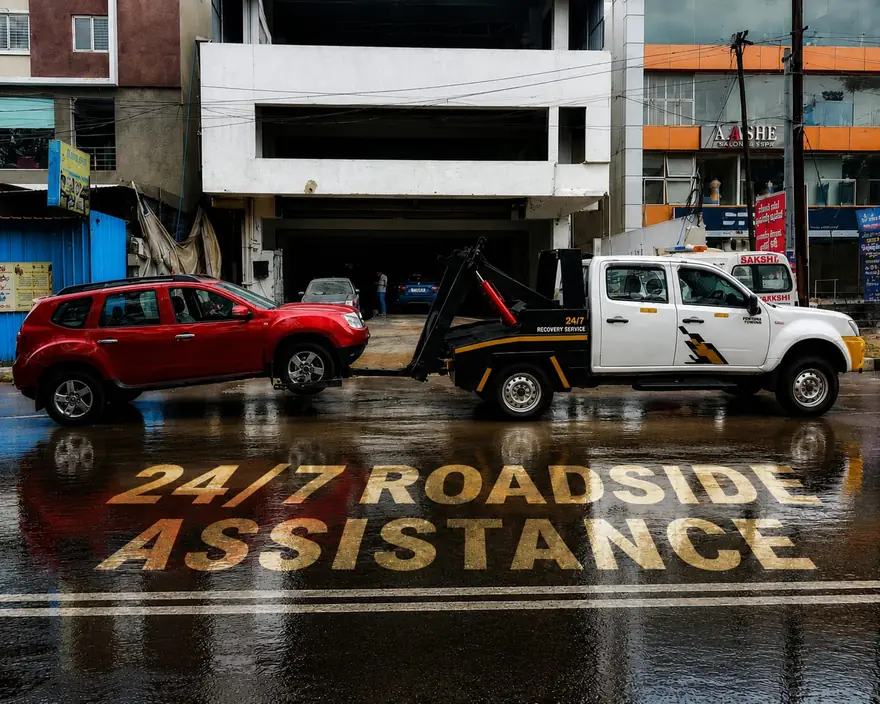 24/7 roadside assistance tow truck on a wet Hyderabad road